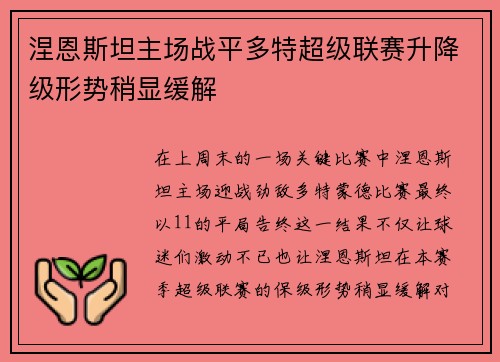 涅恩斯坦主场战平多特超级联赛升降级形势稍显缓解